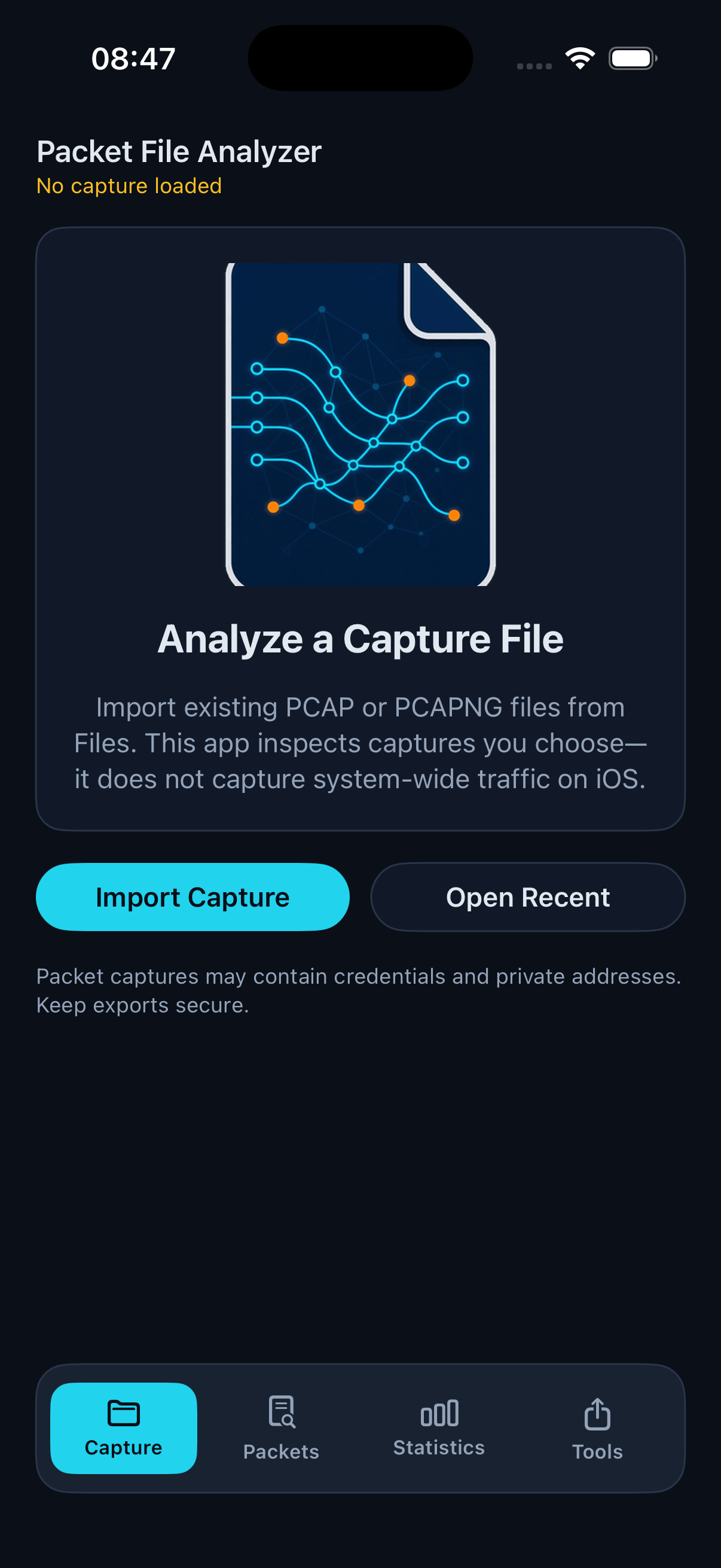 Capture screen — import a PCAP file