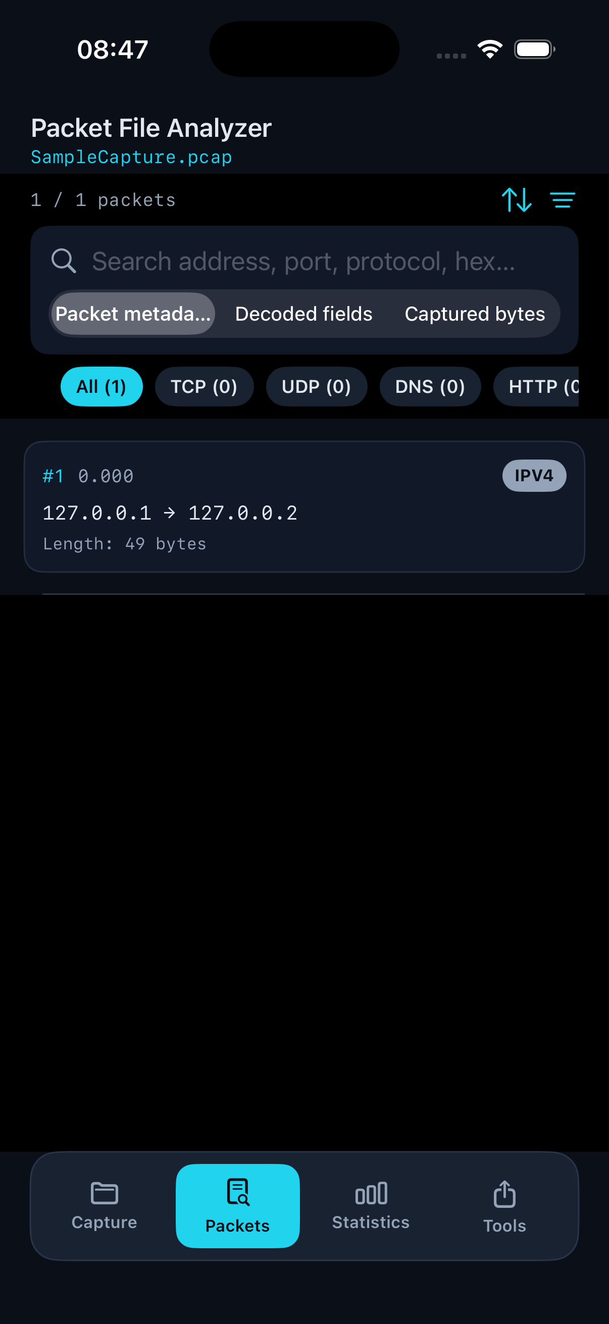Packets list with filters